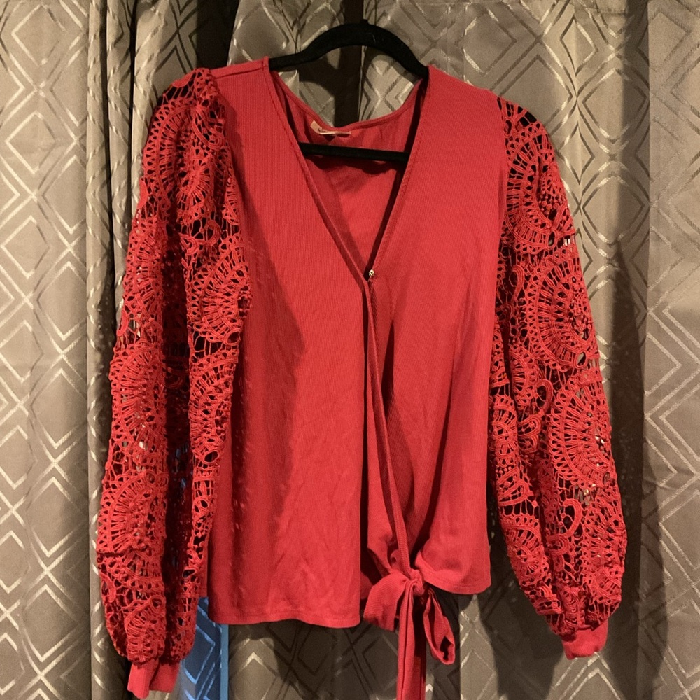 Willow Red Puff Sleeve Tie Front Blouse